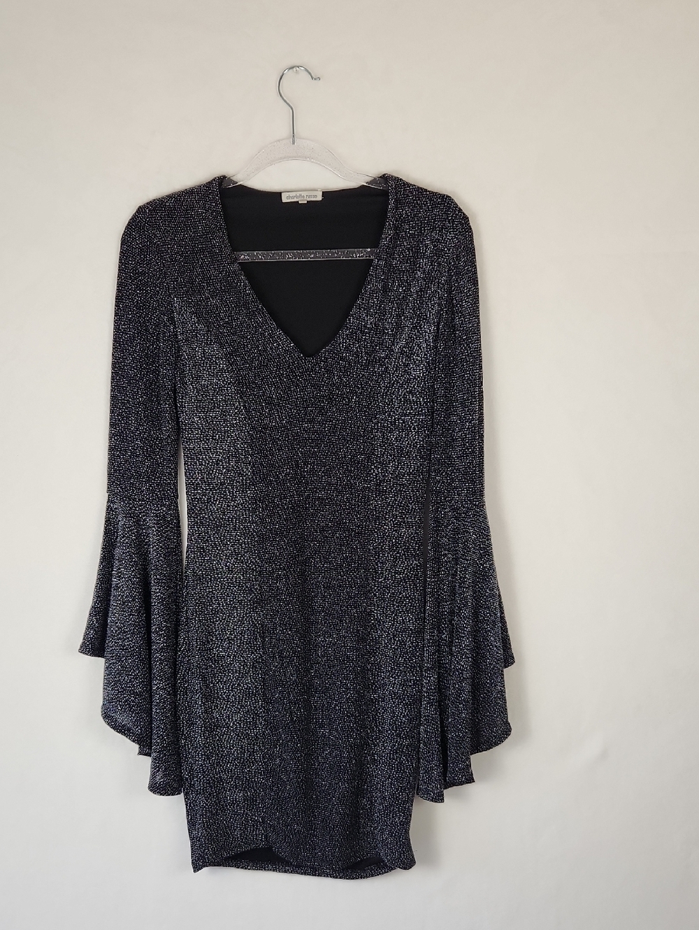 Charlotte Russe Metallic V-Neck Bell Sleeve Mini Dress - Black/Silver